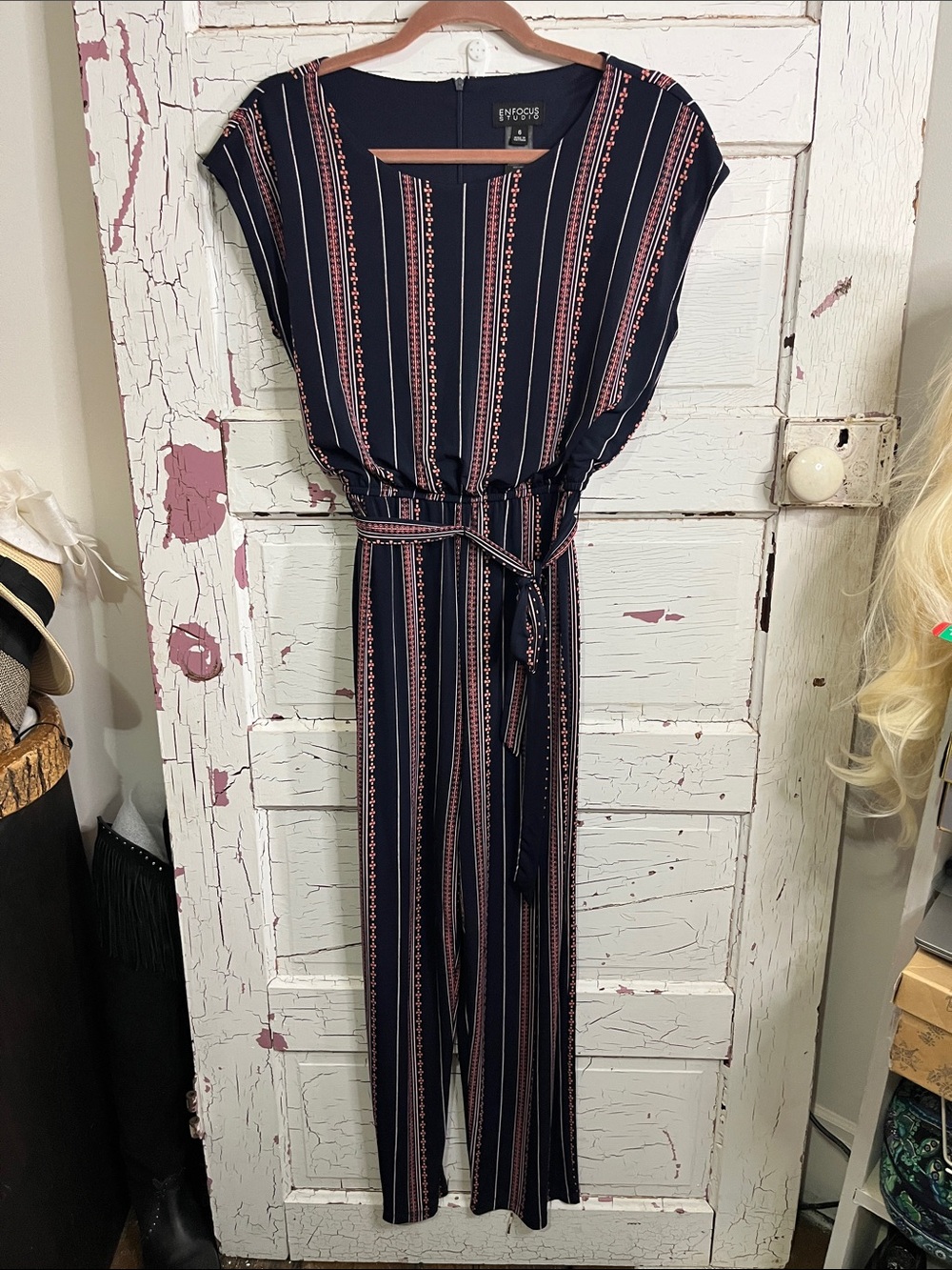 ENFOCUS Studio Navy Jumpsuit with Pink Vertical Stripes and Tie Waist Sz 6
